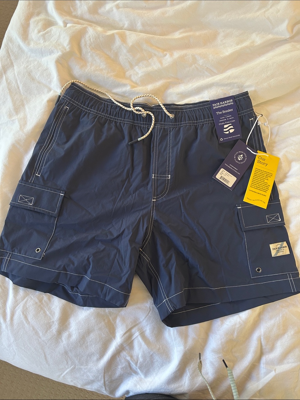 Fair Harbor Navy Blue Cargo Swim Shorts with Contrast Stitching